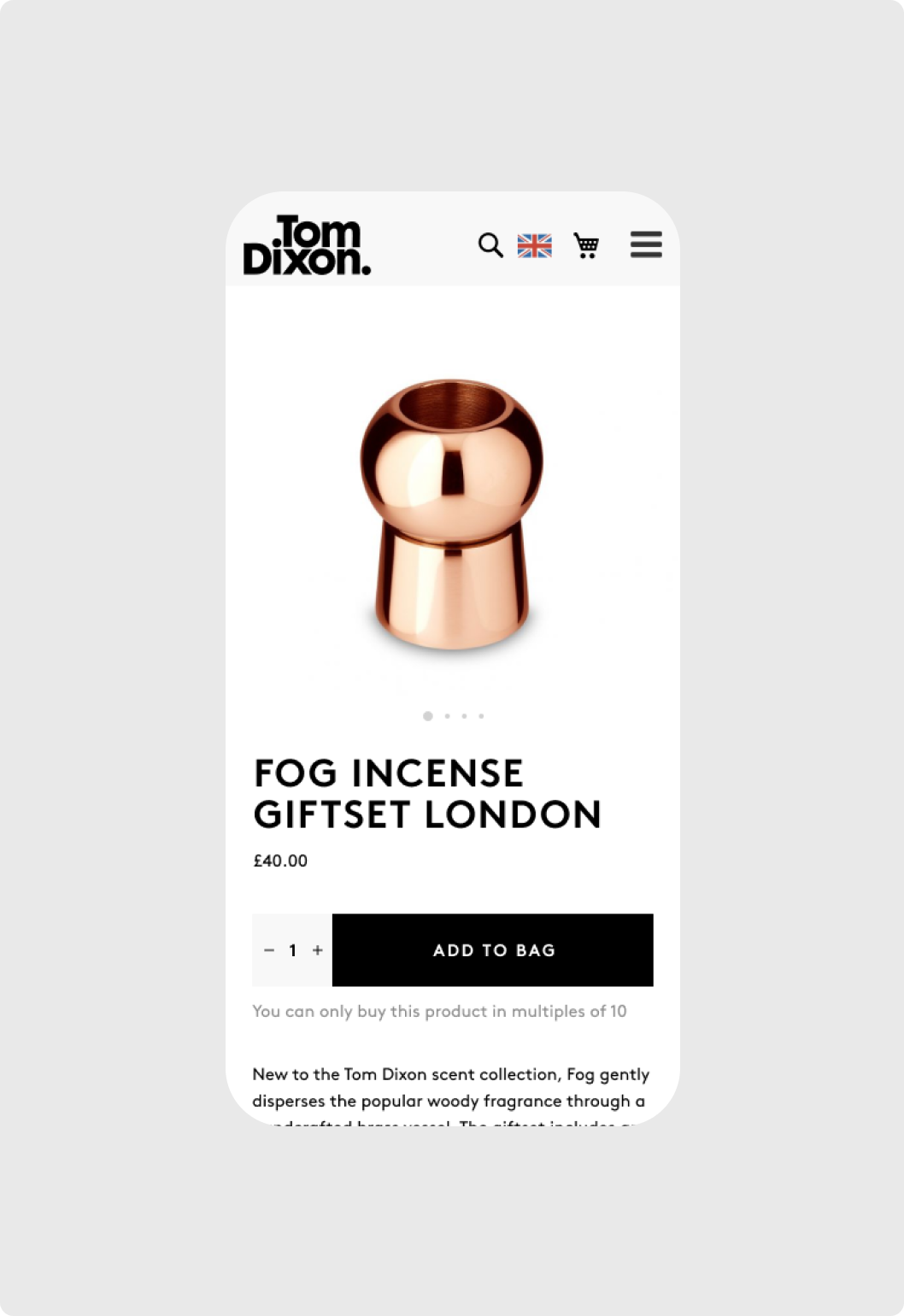 Tom Dixon Mobile Product Details page for fog incense giftset